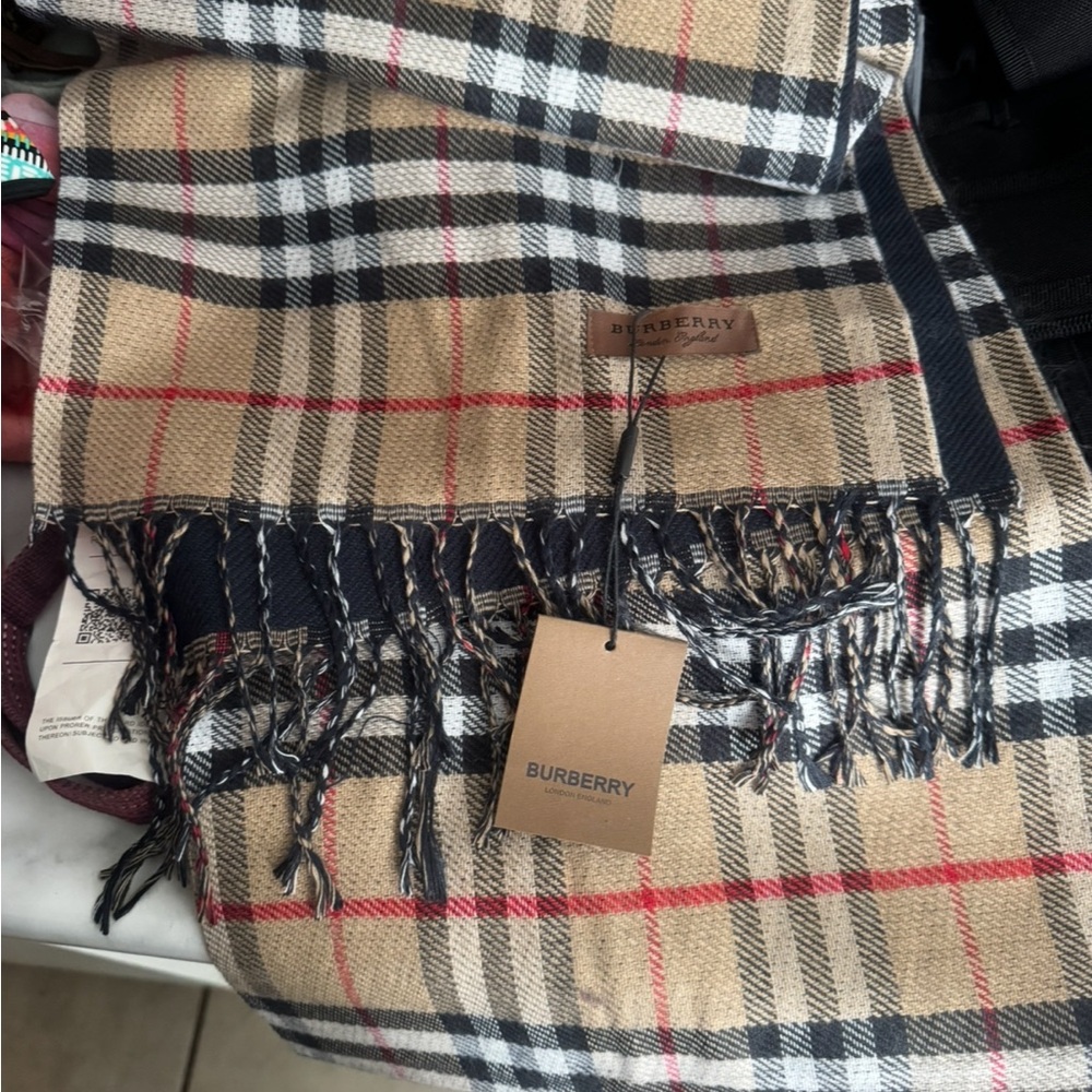 Burberry Tan and Black Plaid Scarf